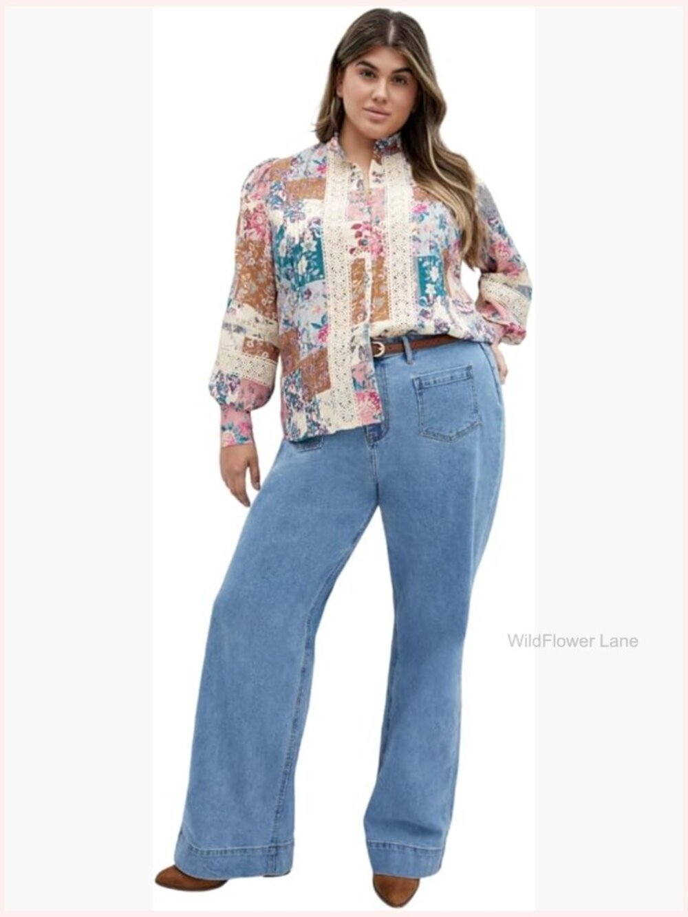 Plus Size Floral Tunic Top - Long Sleeve Turtle Neck Blouse
